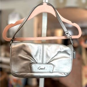 Coach Ashley Metallic Silver Leather Large Wristlet - Evening Clutch
